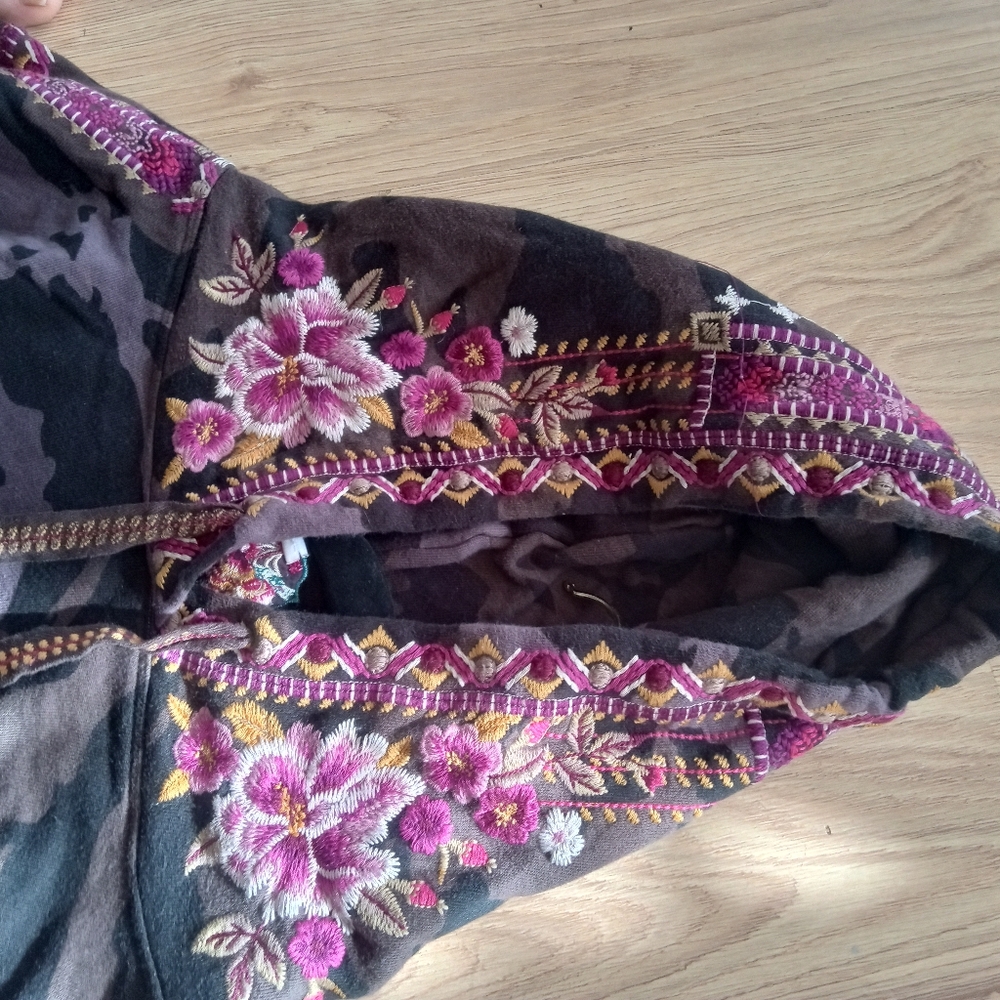Johnny Was Camouflage Hoodie with Pink Floral Embroidery - Picture 7 of 8